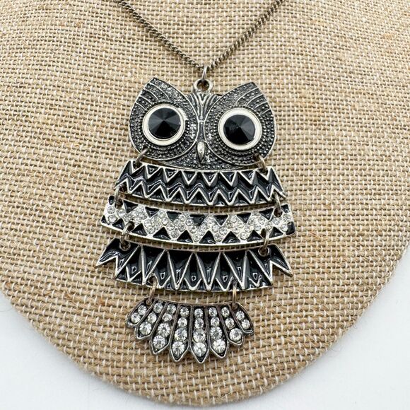 Vintage Art Deco Style Owl Pendant Necklace – Black Enamel & Rhinestone Long - Picture 9 of 13
